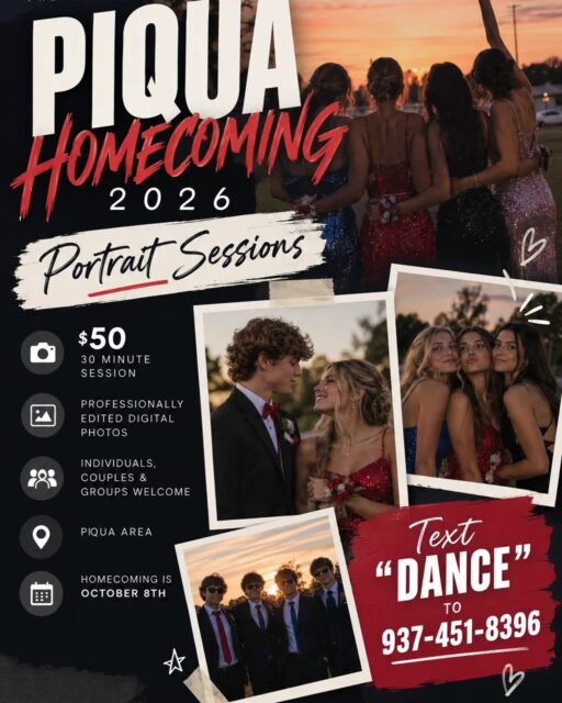 Capture your Homecoming memories before the big night! Forsuretheone Productions is offering 30-minute portrait sessions in the Piqua area for just $50. Whether you want solo shots, cute couples portraits, or group photos with friends, we've got you covered. Homecoming is October 8th, so secure your spot today!

#piquaohio #photography #homecoming #homecomingweek
