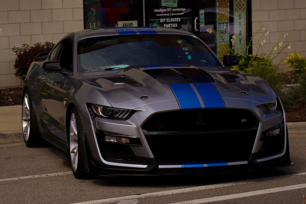 silver mustang with blue stripes